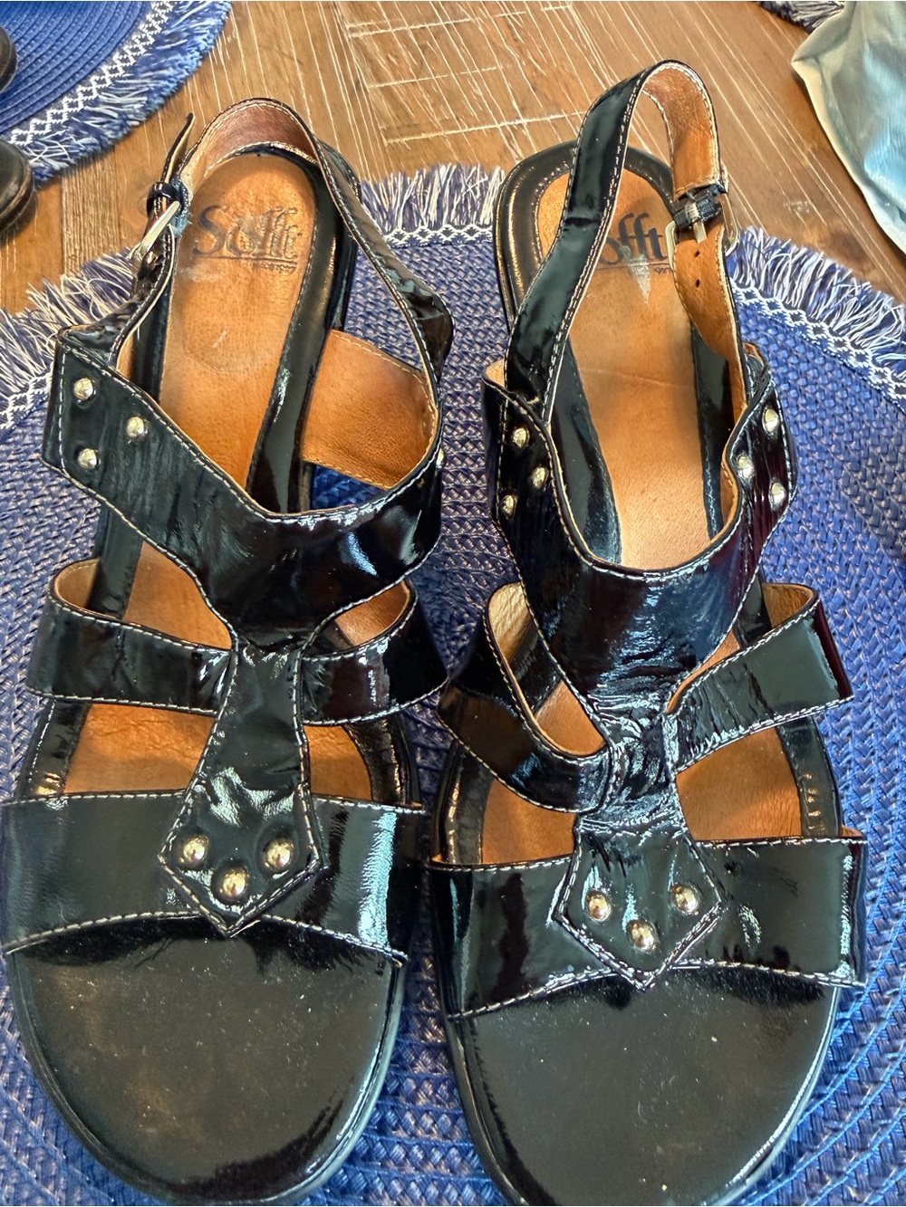 Sofft Black Patent Leather Studded Slingback Sandals
